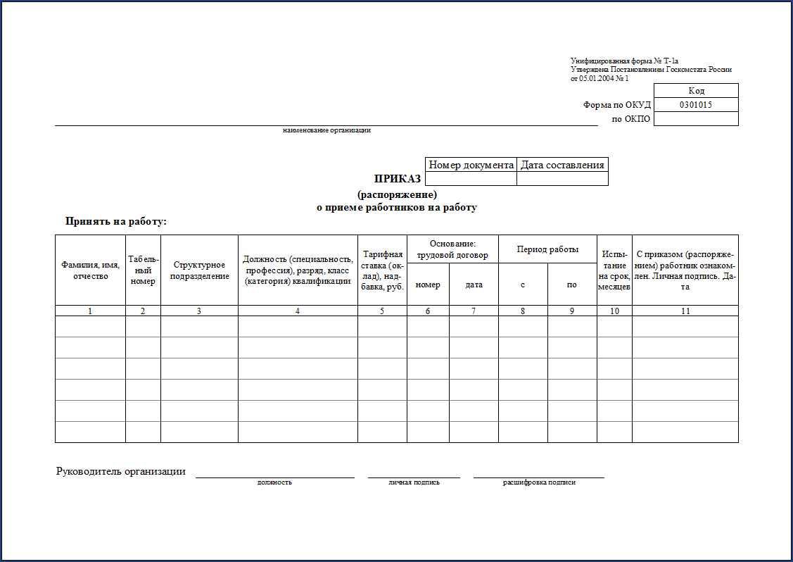 Форма Приказа О Приеме На Работу Excel