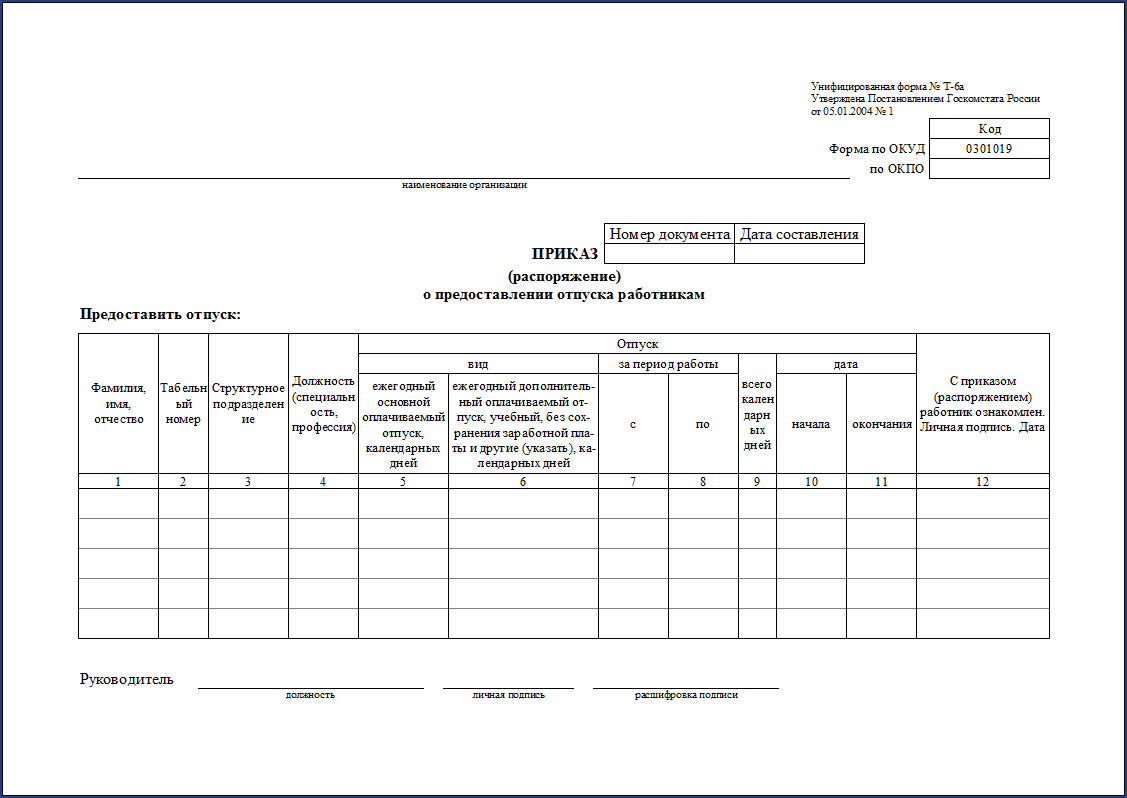 форма т-6а приказ о предоставлении отпуска работникам
